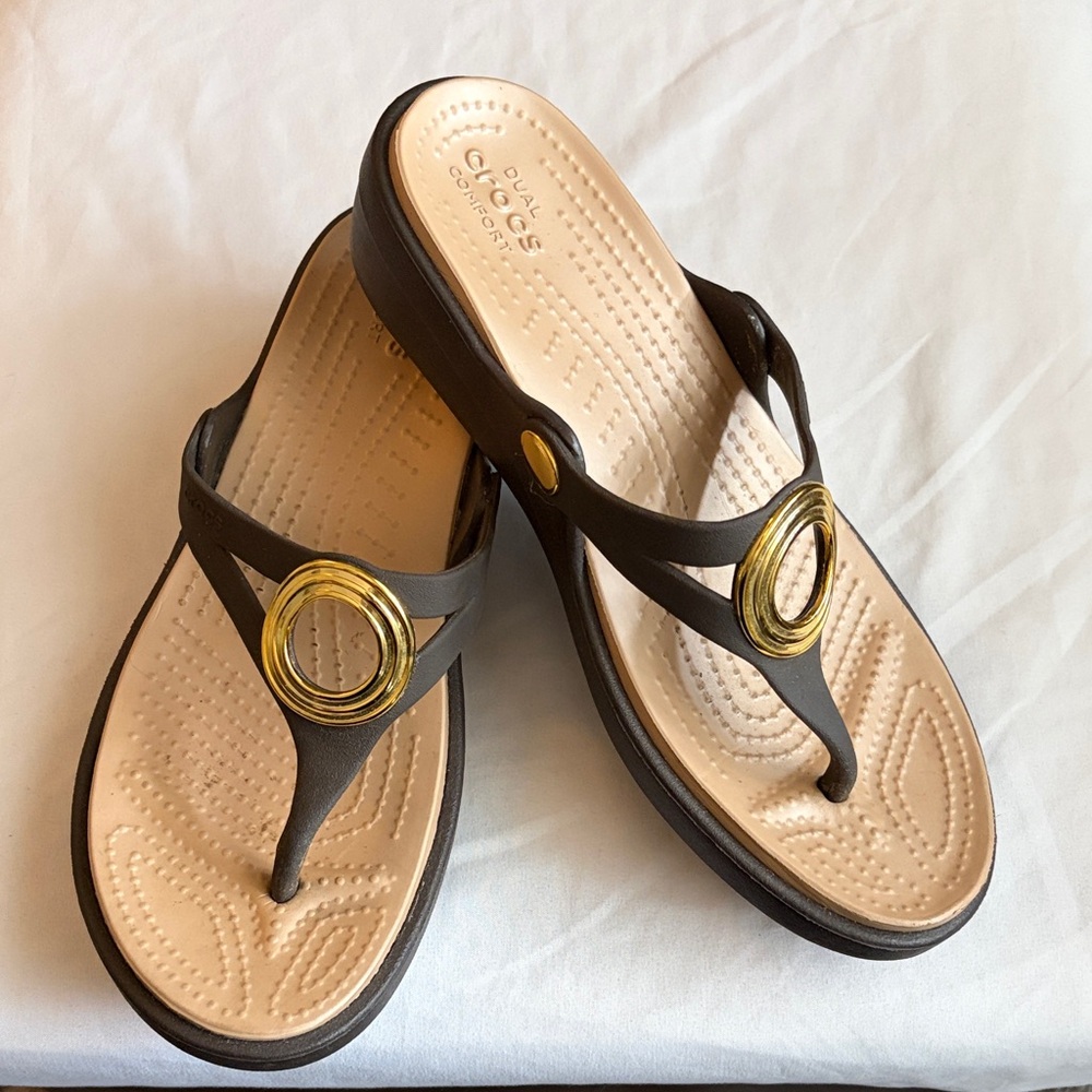 CROCS Women's Brown Sandals with Gold Details
